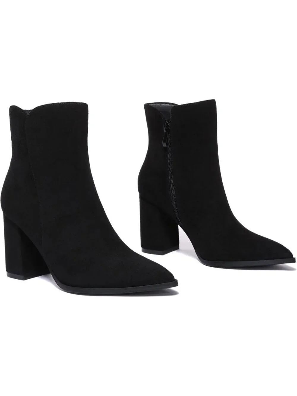 Women's Black Suede Block Heel With Side Zipper Chunky High Heel Ankle Boot